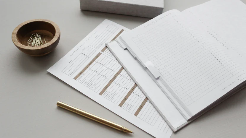 A monthly budget sheet, a finance tracker, and a gold pen on a desk.